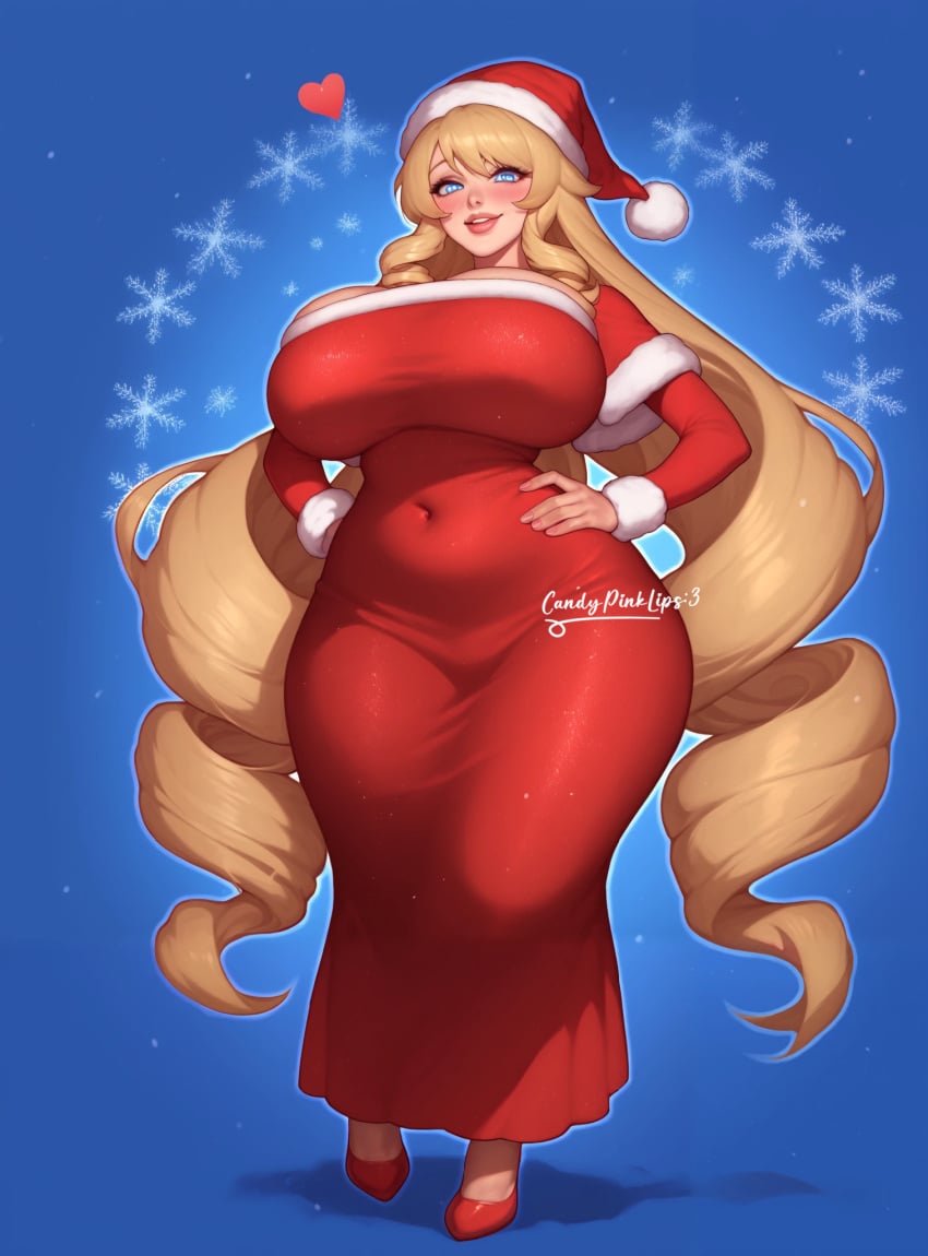 ai_generated blonde_hair blue_eyes candypinklips drill_hair full_body genshin_impact hands_on_hips hanging_breasts hearts_around_head heels huge_breasts merry_christmas navel navia_(genshin_impact) navy_blue_background red_dress red_heels santa_costume santa_hat snowflakes standing thick_hips thick_thighs very_long_hair watermark