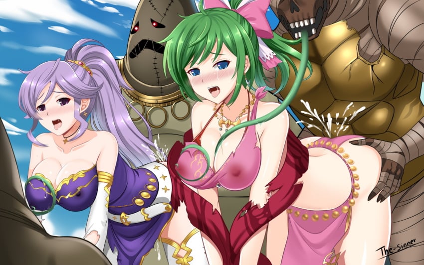 2girls 2monsters ambiguous_penetration bent_over blue_eyes breasts clothed_sex cum dress female fire_emblem fire_emblem:_genealogy_of_the_holy_war gangbang green_hair ishtar_(fire_emblem) lene_(fire_emblem) monster monster_rape mouth_open multiple_girls nipples_visible_through_clothing outdoors outside_sex pleasure_rape purple_hair rape skirt taken_from_behind tentacle tentacle_around_nipple tentacle_rape tentacles_under_clothes the-sinner thighhigh_boots tongue torn_clothes