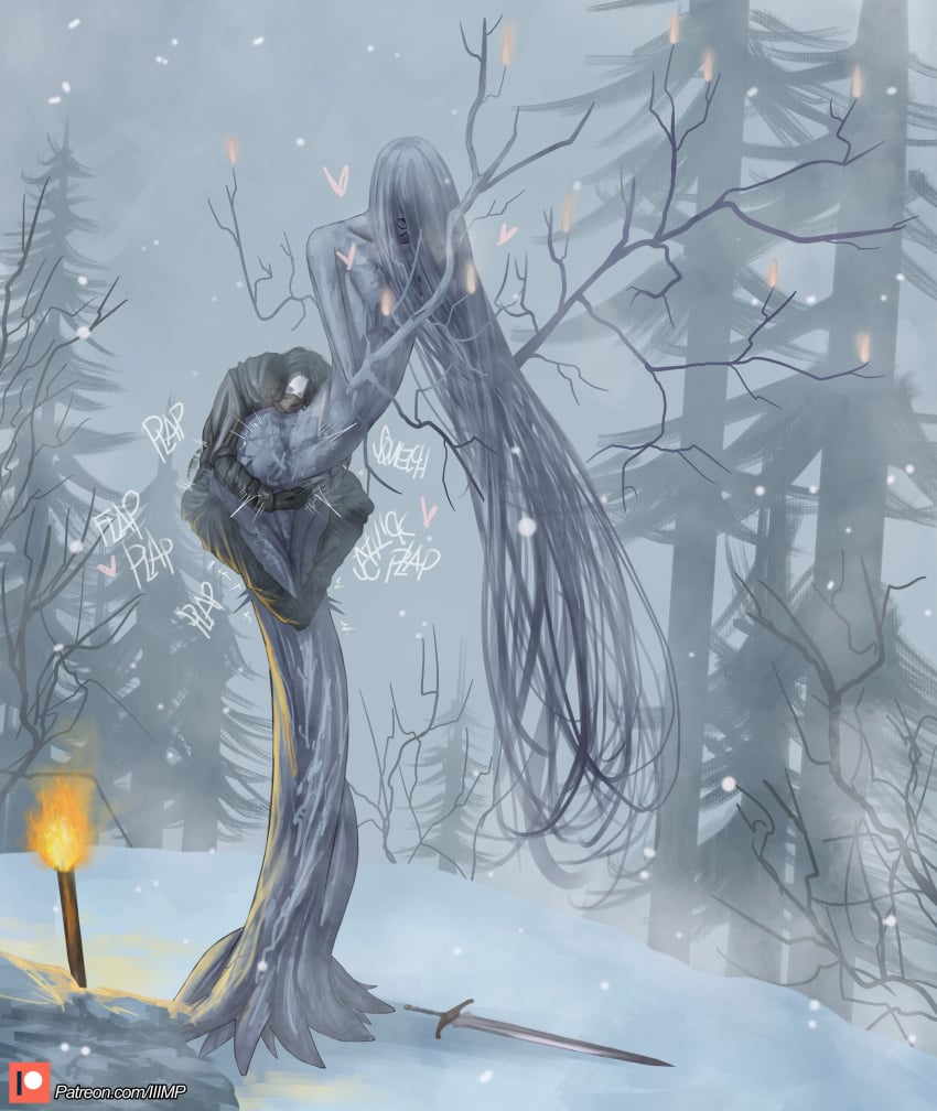 1boy 1girls ashen_one clothed clothed_sex dark_souls_3 doggy_style fire from_behind from_behind_position fromsoftware fully_clothed helpless iiimp long_hair monster_girl mounting outside outside_sex rape size_difference snow sword torch tree tree_branch winter