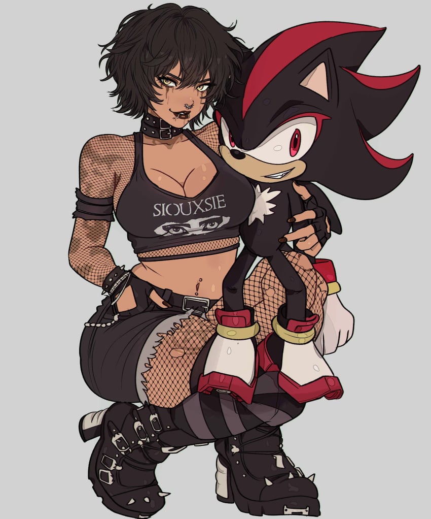 1boy 1girls anthro band_shirt belt big_breasts black_hair breasts choker cleavage clothed crop_top crouching dark-skinned_female dark_skin female fishnets funny goth goth_girl heel_boots i_just_love_latinas_sonic larger_female latina lip_piercing looking_at_viewer male medium_hair meme mexico navel navel_piercing nose_piercing plain_background red_eyes runny_makeup sega shadow_the_hedgehog shorts siouxsie_and_the_banshees size_difference smaller_male smile sonic_(series) sonic_the_hedgehog_(series) striped_legwear tank_top thighhighs yellow_eyes yoracrab