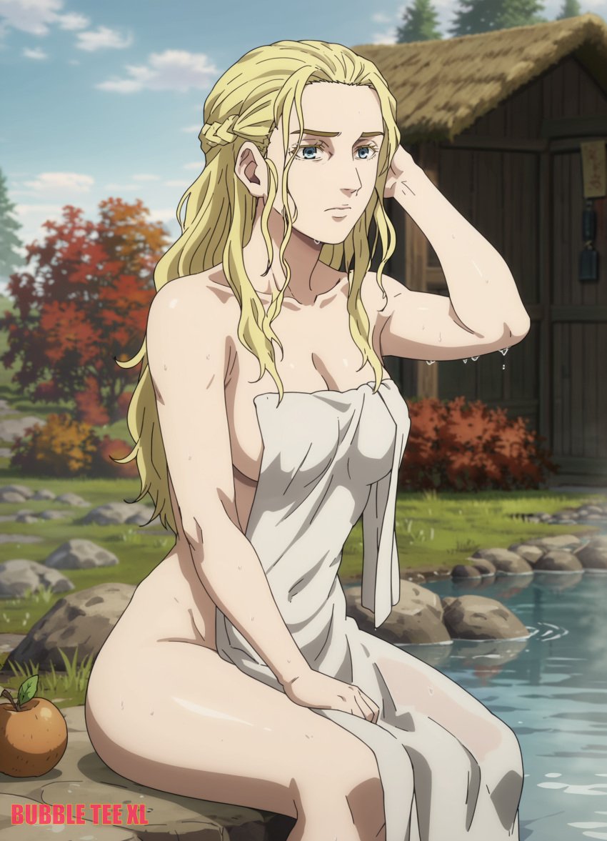 ai_generated arnheid bare_shoulders bathing blonde_female blonde_hair blonde_hair_female blue_eyes breasts bubbleteexl female female_focus female_only half_naked light-skinned_female pale-skinned_female slender_body towel towel_over_breasts viking_female vinland_saga