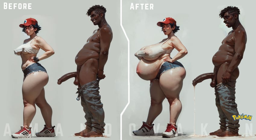 ai_generated amandovakin before_and_after big_ass dark-skinned_male femboy interracial male_to_female pawg pokemon pregnant satoshi_(pokemon) sissification sissy