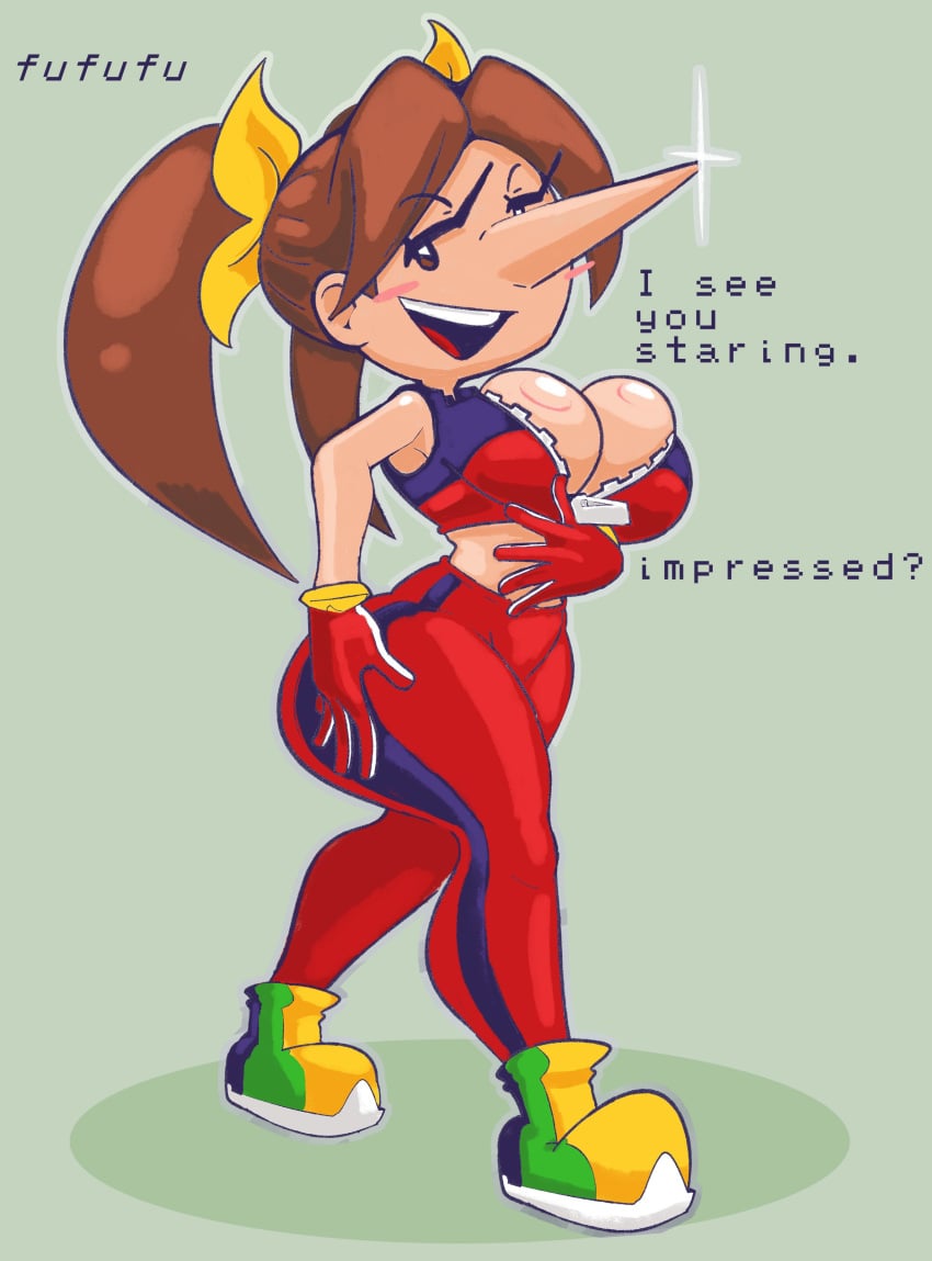 1girls atlus big_breasts big_nose brown_eyes brown_hair bursting_breasts clothed dialogue doodlewill english_text exposed_midriff female fully_clothed jacket linda_maltinie long_nose pointy_nose smug snowboard_kids solo solo_female wide_hips