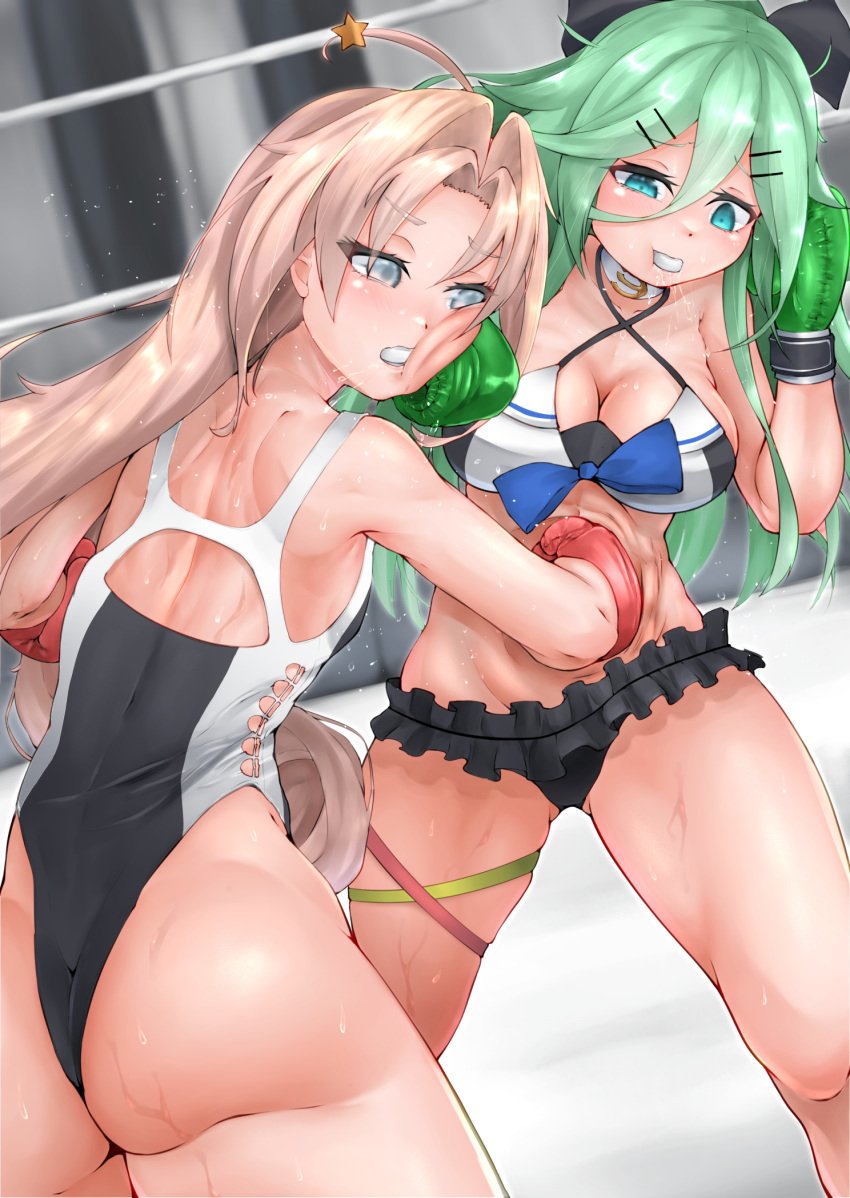 2girls artist_request bikini boxing boxing_gloves boxing_match boxing_ring boxing_stance catfight duo female female_only fight fighting_ring gloves green_boxing_gloves green_gloves kantai_collection one-piece_swimsuit punch punching punching_face punching_stomach red_boxing_gloves red_gloves swimsuit tagme thighs yamakaze_(kantai_collection) yuudachi_(kantai_collection)