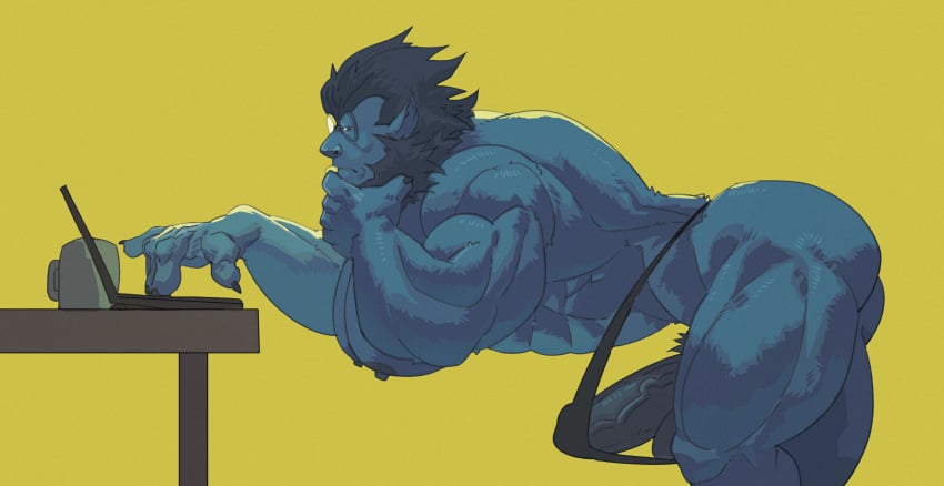 abs balls bara beast_(x-men) biceps big_balls big_penis blue_body blue_fur blue_hair blue_skin bulge erection erection_under_clothes eruprior hank_mccoy male male_nipples male_only manly marvel marvel_comics muscular_male nipples pecs penis penis_outline underwear x-men