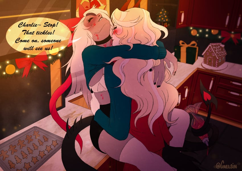 baking blonde_hair blonde_hair_female bra caelsin charlie_morningstar_(hazbin_hotel) christmas clothed demon demon_girl demon_horns food_play forked_tongue hazbin_hotel icing icing_bag kitchen kitchen_counter lace_bra licking light-skinned_female piping_bag self_upload vaggie_(hazbin_hotel) white_hair white_hair_female wholesome