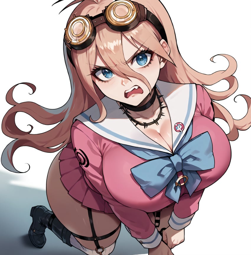 ai_generated ass_cleavage danganronpa danganronpa_v3 from_above iruma_miu looking_at_viewer massive_breasts smogai thick_thighs upset