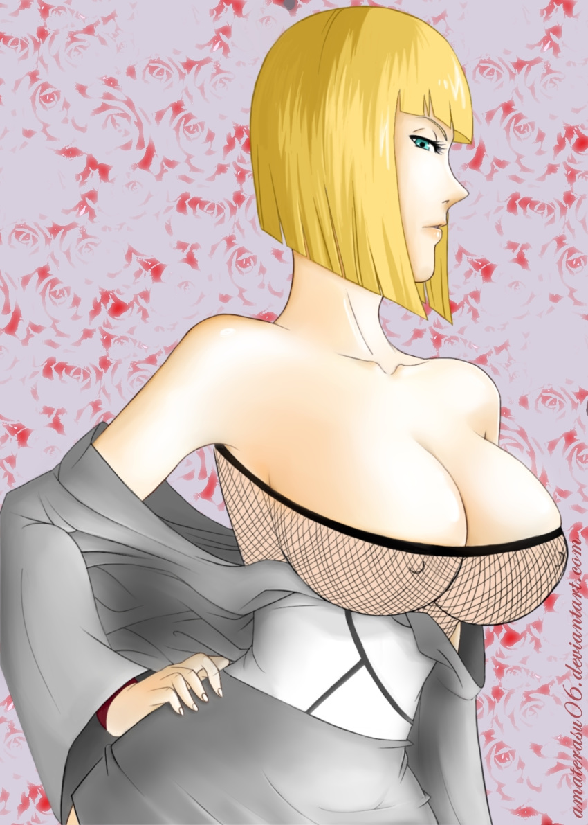 bare_shoulders blonde_hair breasts cyan_eyes evildei female hand_on_hip japanese_clothes mesh_shirt naruto naruto_shippuden nipples samui short_hair solo