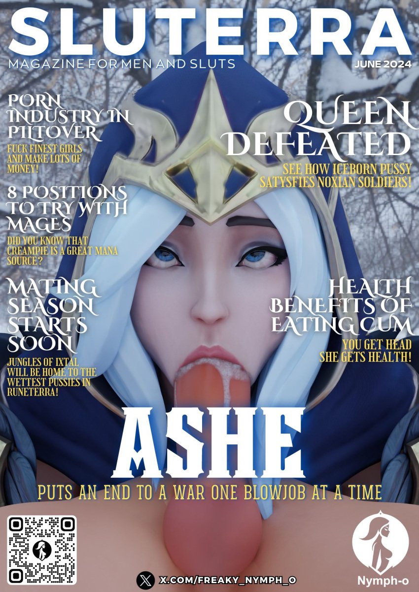 1boy 1girls 3d :>= artist_logo artist_name ashe_(league_of_legends) blowjob blowjob_face blowjob_only blue_eyes caption cum cum_drip cum_in_mouth cum_on_penis defeat defeated defeated_heroine eyes_rolling_back fellatio female forced forced_oral hood hooded_cloak league_of_legends league_of_legends:_wild_rift magazine_cover male nymph-o outdoor_sex outdoors outside outside_sex overflow rape riot_games secretly_loves_it white_hair white_skin