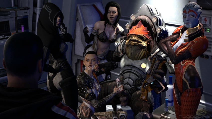 2boys 3d 4girls alien alien_girl alien_male asari black_hair blue_eyes bra breasts brown_hair caught_in_the_act cleavage commander_shepard cum cum_in_mouth erection female harem hood huggybear human interspecies jack_(mass_effect) kasumi_goto krogan large_breasts long_hair male maleshep mass_effect mass_effect_2 mass_effect_3 miranda_lawson multiple_girls penis ponytail samara sex straight uncensored urdnot_wrex