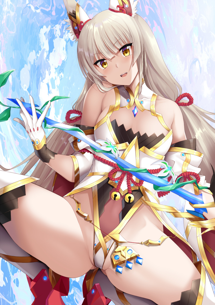 1girls animal_ears bare_shoulders breasts catalyst_scimitar daive detached_sleeves gloves gluteal_fold grey_hair head_tilt high_res highleg highleg_leotard leotard long_hair looking_at_viewer low_twintails nia nia_(blade)_(xenoblade) nia_(xenoblade) nintendo red_footwear small_breasts squatting stockings sword twintails weapon white_gloves xenoblade_(series) xenoblade_chronicles_2 yellow_eyes