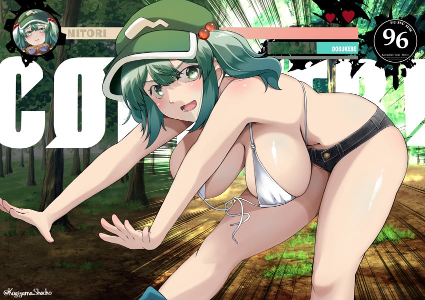 1girls 2d aqua_eyes aqua_hair aquamarine_eyes aquamarine_hair artist_name bare_shoulders big_breasts bikini_top blush breasts cap counter female game_mechanics game_ui guilty_gear guilty_gear_strive hat hip_attack hud jiggling_breasts kagiyama_shachou looking_at_viewer mostly_clothed mostly_clothed_female nitori_kawashiro open_mouth reference shorts smile solo source tied_hair touhou twintails