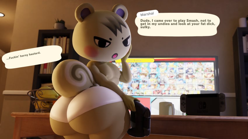 3d animal_crossing annoyed annoyed_expression anthro ass_focus big_ass big_butt blender bottom_heavy bubble_ass bubble_butt curvy curvy_figure dialogue femboy feminine_male fur girly hand_on_head hi_res holding_controller huge_ass huge_butt human_on_anthro large_ass large_butt looking_at_viewer mammal marshal_(animal_crossing) nintendo short_stack shortstack shortstack_femboy squirrel super_smash_bros. super_smash_bros._ultimate text text_bubble thick_thighs uncle_aiden underwear undies wide_hips