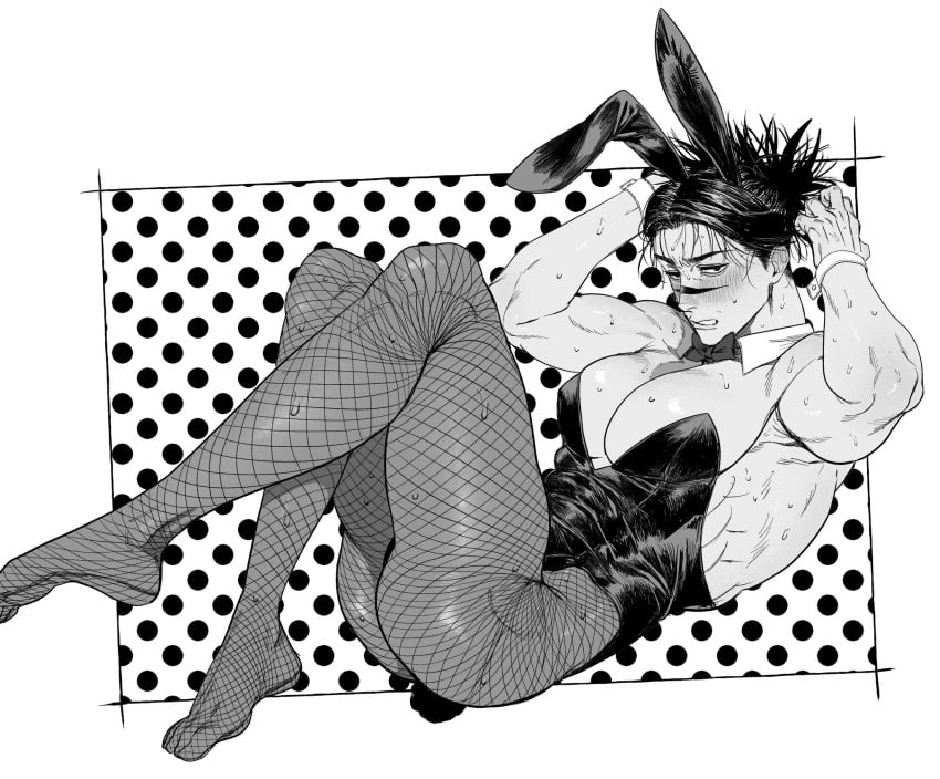 1boy big_breasts big_chest big_pecs black_and_white black_bunny_ears blush blush_lines blushing_at_viewer bowtie bunny_ears bunny_tail bunnysuit choso_kamo crossdressing cuffs cuffs_(clothing) dat_ass fishnet_stockings fishnets grayscale greyscale jujutsu_kaisen looking_at_viewer male_only manly_crossdresser moobs muscular muscular_male pantyhose polka_dot polka_dot_background sweat sweating uoru1_juju