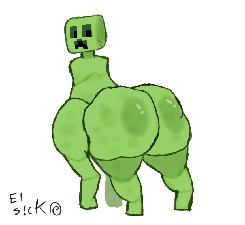 ambiguous_gender artist_signature ass_focus big_butt creeper_(minecraft) el_sick fat_ass fat_butt green_body green_skin looking_back minecraft minecraft_mob quadruped square_head tagme_(artist) white_background