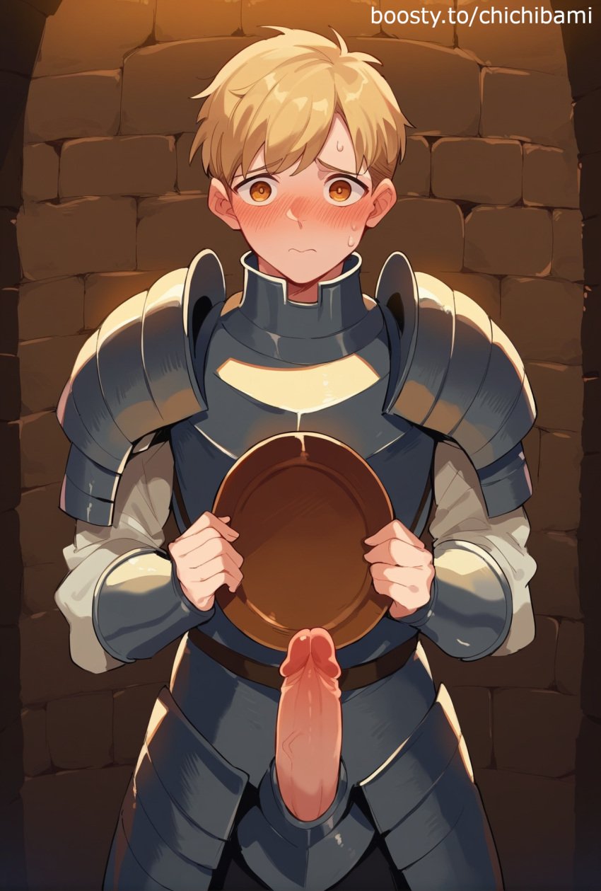 ai_generated blonde_hair blush chichibami delicious_in_dungeon dungeon_meshi erect_penis fair_skin femboy laios_touden looking_at_viewer orange_eyes self_upload short_hair shy standing