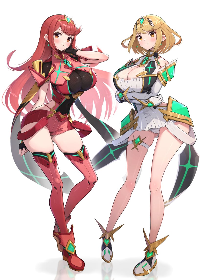 2girls alternate_hair_length alternate_hairstyle blonde blonde_female blonde_hair blonde_hair_female blush cleavage female female_focus female_only full_body gonzarez hand_on_head large_breasts long_hair looking_at_viewer multiple_girls mythra nintendo outfit_swap palette_swap plain_background pyra red_clothes red_clothing red_eyes red_hair red_outfit short_hair simple_background super_smash_bros. super_smash_bros._ultimate white_background white_clothes white_clothing white_outfit xenoblade_(series) xenoblade_chronicles_2 yellow_eyes