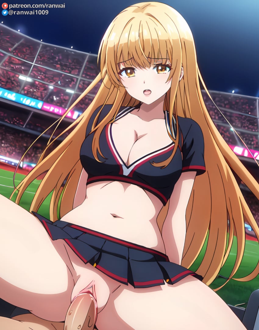 ai_generated anime blonde_hair bondage cheerleader cheerleader_outfit cowgirl_position otonari_no_tenshi-sama_ni_itsu_no_mani_ka_dame_ningen_ni_sarete_ita_ken ranwai sex shiina_mahiru stable_diffusion vaginal_penetration vaginal_sex yellow_eyes