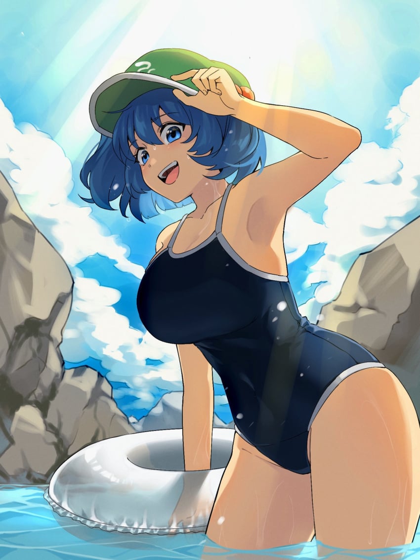 1girls :d blue_eyes blue_hair blue_one-piece_swimsuit booty breasts covered_erect_nipples female green_hat happy hat highres kawashiro_nitori lake large_breasts leaning_forward medium_hair nitori_kawashiro one-piece_swimsuit open_mouth outdoors smile solo swimsuit teeth touhou upper_body upper_teeth_only wading xantam0129