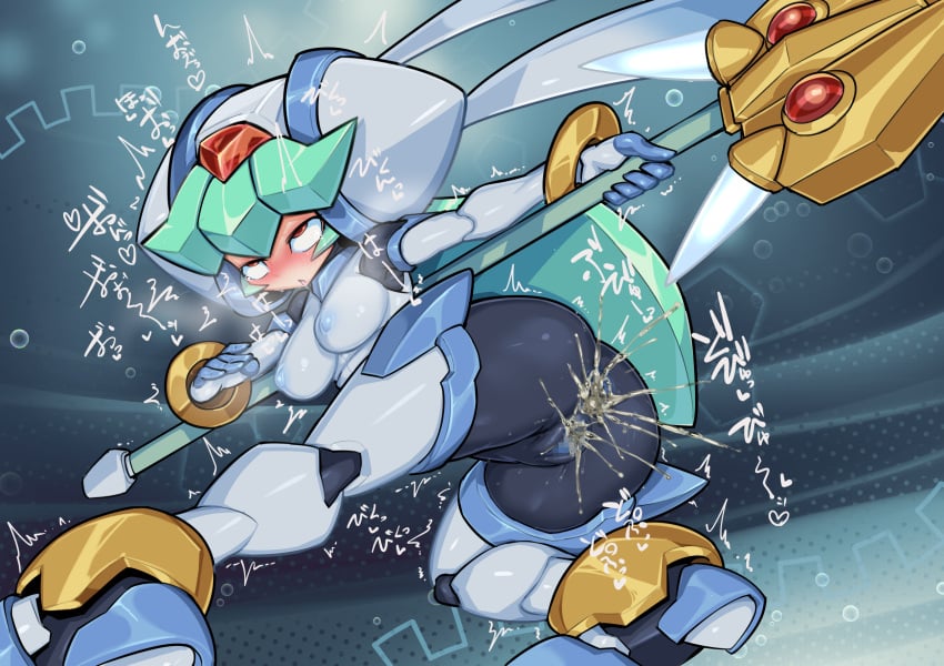 adapted_costume anus armor ass bent_over black_skin blush cameltoe censored colored_skin covered_nipples cum cum_in_ass cum_in_pussy female from_behind full_body highres holding holding_staff mega_man mega_man_ mega_man_zx model_w_(mega_man) mosaic_censoring motion_lines pandora_(mega_man) pochincoff pussy red_eyes robot rolling_eyes saliva solo staff tongue tongue_out translation_request twitching white_armor white_helmet