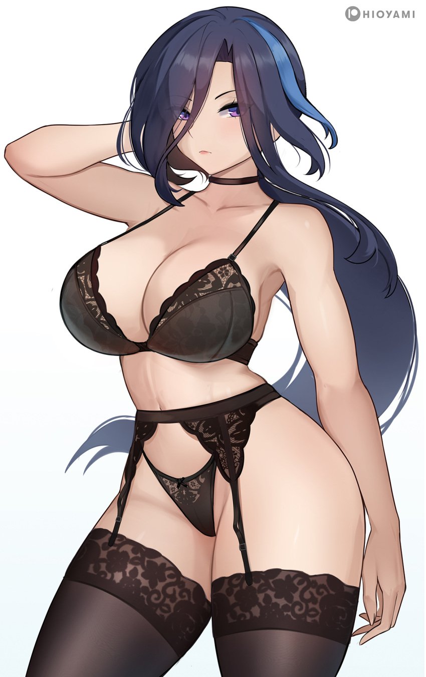 1girls black_stockings blue_hair bra breasts cleavage clorinde_(genshin_impact) emotionless emotionless_female female female_only garter_belt garter_straps genshin_impact hi_res hioyami huge_breasts indifference indifferent light-skinned_female light_skin lingerie long_hair panties simple_background stockings thick_thighs unamused unbothered uncaring unenthusiastic wide_hips