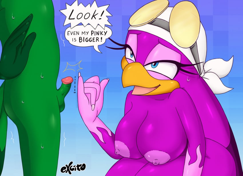 2024 big_breasts breasts excito eyewear genitals glasses hi_res humiliation jet_the_hawk partial_male penis penis_humiliation sega simple_background small_penis small_penis_humiliation sonic_(series) sonic_riders sonic_the_hedgehog_(series) wave_the_swallow