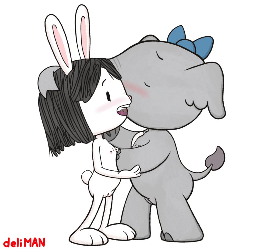 2girls black_hair blush cub elephant elephantid elinor_rabbit elinor_wonders_why female female/female french_kiss kissing lagomorph multiple_girls nipples nude olive_elephant pbskids pussy rabbit young yuri