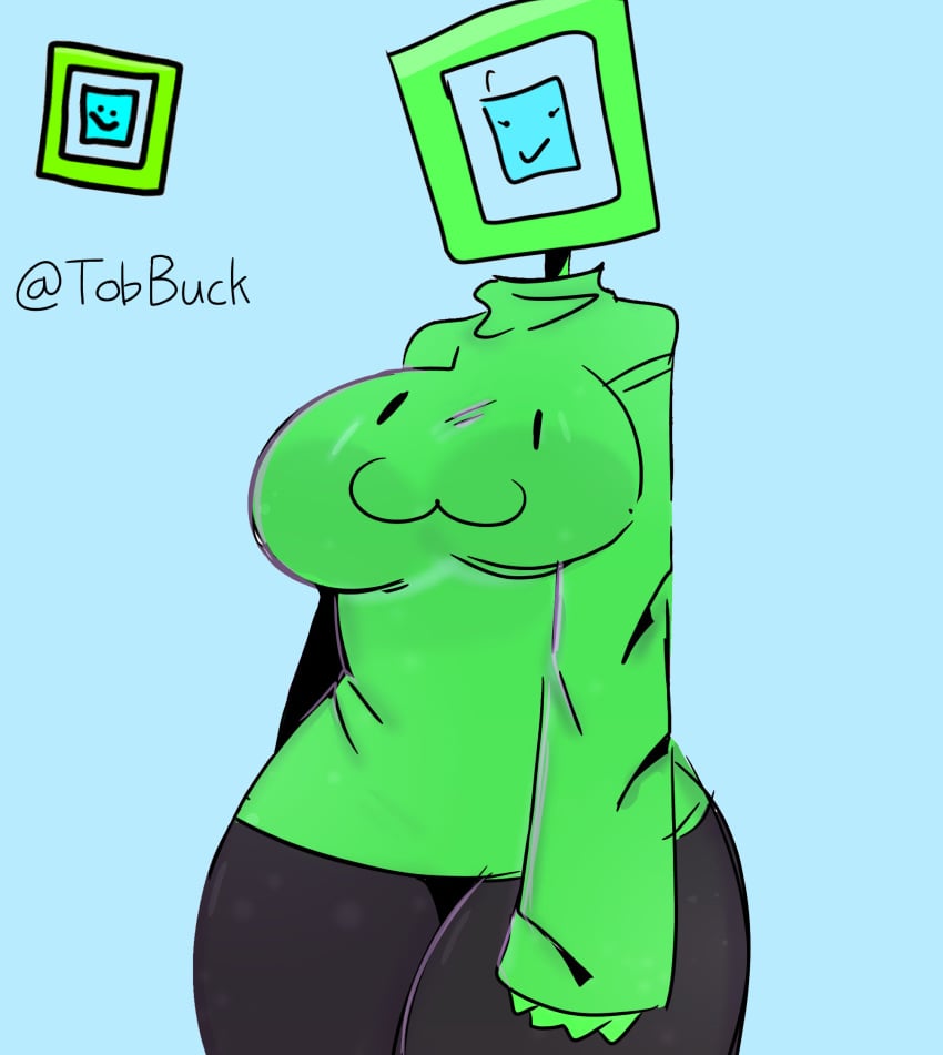 1girls :) :3 big_breasts blue_background cube_420_(geometry_dash) geometry geometry_dash green_clothing green_skin tobbuck