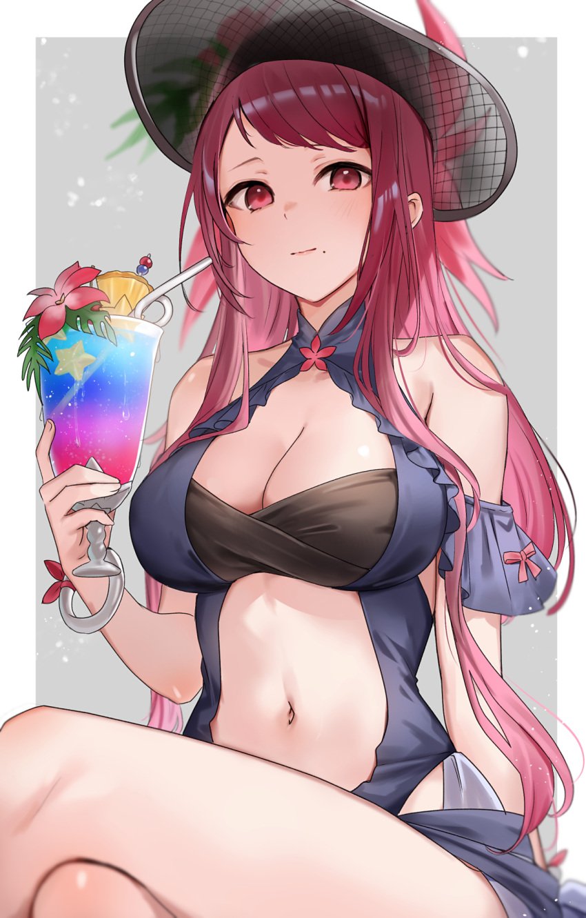 1girls alternate_costume bandeau bare_shoulders black_hat blue_one-piece_swimsuit blue_swimsuit breasts cleavage cup drinking_glass drinking_straw female female female_only fire_emblem fire_emblem_engage fire_emblem_heroes haru_(nakajou-28) hat highres holding holding_cup ivy_(fire_emblem) ivy_(summer)_(fire_emblem) large_breasts long_hair looking_at_viewer mole mole_under_mouth navel nintendo official_alternate_costume one-piece_swimsuit purple_eyes purple_hair sitting smile solo stomach swimsuit thighs very_long_hair