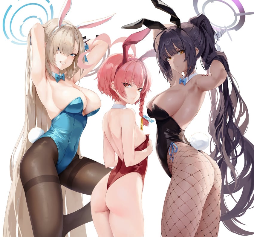 3girls absurd_res absurdres adult arm_gloves armpits arms_up ass ass_cleavage asuna_(blue_archive) asuna_(bunny)_(blue_archive) bare_armpits bare_arms bare_ass bare_back bare_butt bare_chest bare_legs bare_shoulders bare_skin bare_thighs belly belly_button black_bunny_ears black_hair black_hair_female black_halo black_legwear black_leotard black_pantyhose blonde_female blonde_hair blonde_hair_female blue_archive blue_bowtie blue_eyes blue_eyes_female blue_halo blue_leotard bowtie braid braided_hair breasts bunny_ears bunny_girl bunny_tail bunnysuit butt_crack cleavage collar dark-skinned_female dark_skin dot_nose ear_piercing elbows eyebrows_visible_through_hair female female_focus female_only fingers fishnet_legwear fishnet_pantyhose fishnets gloves groin hair_between_eyes halo hands_behind_head high_resolution highres hiki_niito hiki_nito hikinito_(leviathan) hourglass_figure karin_(blue_archive) karin_(bunny)_(blue_archive) knee_up knees large_breasts legs legwear leviathan_(hikinito0902) light-skinned_female light_skin lips long_hair looking_at_viewer looking_back multiple_females multiple_girls navel neru_(blue_archive) neru_(bunny)_(blue_archive) pantyhose parted_bangs petite petite_body petite_breasts petite_female petite_girl pink_eyes pink_eyes_female pink_hair pink_hair_female pink_halo playboy_bunny ponytail pussy red_bunny_ears red_leotard short_hair shoulders sideboob simple_background slender_body slender_waist slim_girl slim_waist small_breasts smile smiling smiling_at_viewer standing thick_ass thick_thighs thighs thin_waist underboob upper_body v-line very_long_hair white_background white_bunny_ears white_collar white_gloves white_wrist_cuffs wide_hips wrist_cuffs yellow_eyes yellow_eyes_female