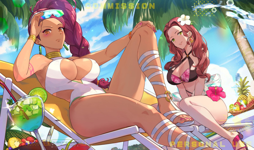 2girls alternate_costume arm_tattoo artist_name beach_chair bikini black_bikini black_swimsuit blue_sky braid braided_ponytail breasts brown_eyes brown_hair cleavage cloud covered_nipples criss-cross_halter cup dark-skinned_female dark_skin dorothea_arnault drinking_straw earrings female female_only fire_emblem fire_emblem:_three_houses flower food fruit green_eyes hair_flower hair_ornament halterneck hibiscus highres hsin jewelry large_breasts long_hair looking_at_viewer multiple_girls nail_polish nintendo one-piece_swimsuit outdoors palm_tree petra_macneary ponytail princess purple_hair royalty sandals sky sunglasses swimsuit tattoo teenage_girl teenager thighs toenail_polish toenails tree two-tone_bikini white_one-piece_swimsuit white_swimsuit