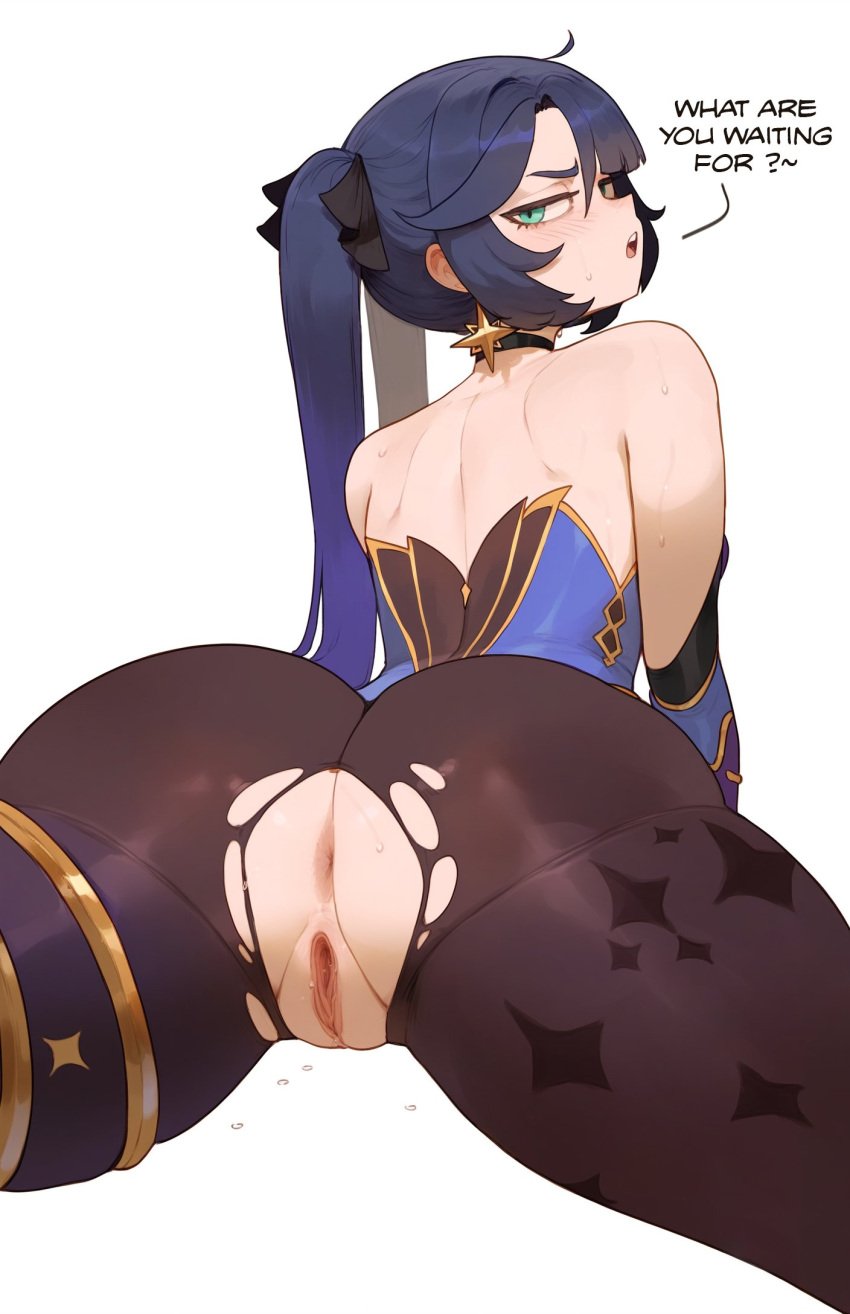 ahoge ai_generated annoyed_expression anus ass ass_focus black_leotard blue_hair collar dark_blue_hair earrings english_commentary exposed_ass exposed_vagina female from_behind functionally_nude genshin_impact green_eyes hair_ornament highres honkibooty leotard long_hair looking_at_viewer looking_back looking_back_at_viewer mona_(genshin_impact) offering_sex offering_to_viewer open_mouth pantyhose plump_ass presenting presenting_ass presenting_hindquarters presenting_self presenting_vagina pussy pussy_juice round_ass round_butt seducing seducing_viewer seductive seductive_body seductive_look seductive_pose seductive_woman shirt simple_background solo speaking speaking_to_viewer thick_thighs torn_clothes torn_pantyhose twintails uncensored upper_teeth v-shaped_eyebrows vaginal_juices viewed_from_behind white_background