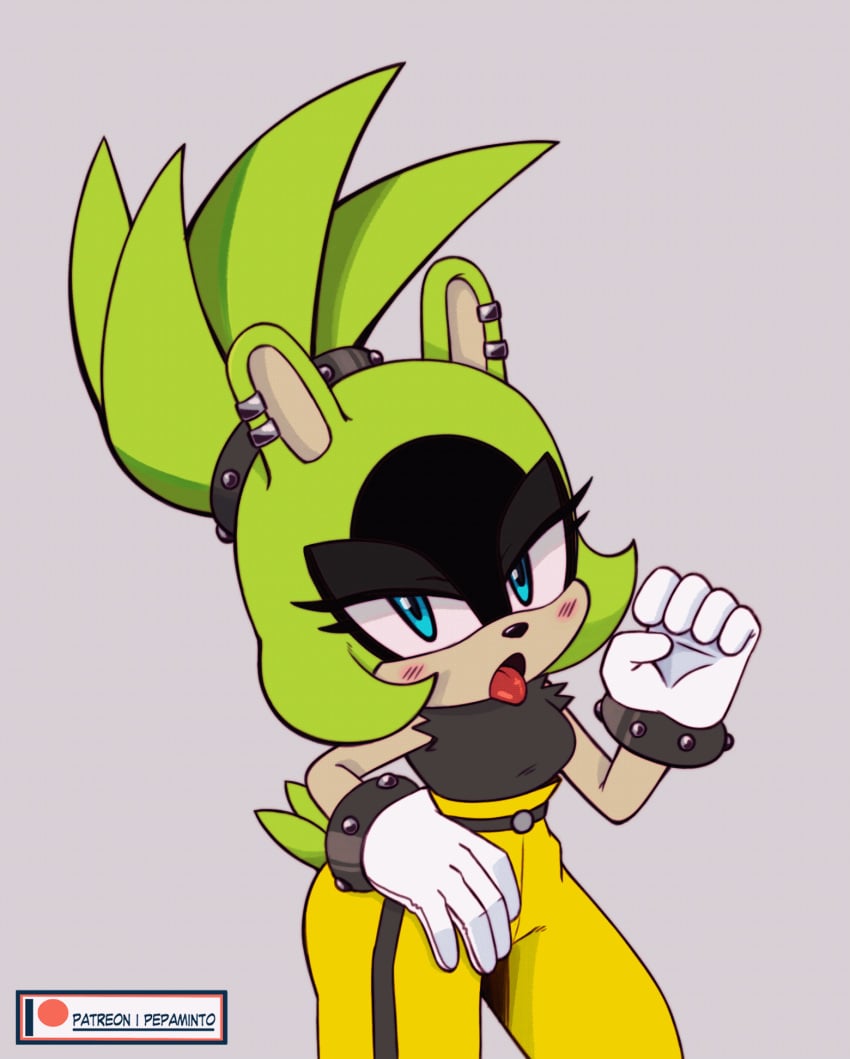 1girls animated blowjob bracelet ear_piercing fellatio_gesture gif green_fur handjob_gesture looking_at_viewer open_mouth oral_invitation pepamintop piercing piercings sonic_(series) sonic_the_hedgehog_(idw) sonic_the_hedgehog_(series) standing surge_the_tenrec tied_hair tongue tongue_out two_tone_fur