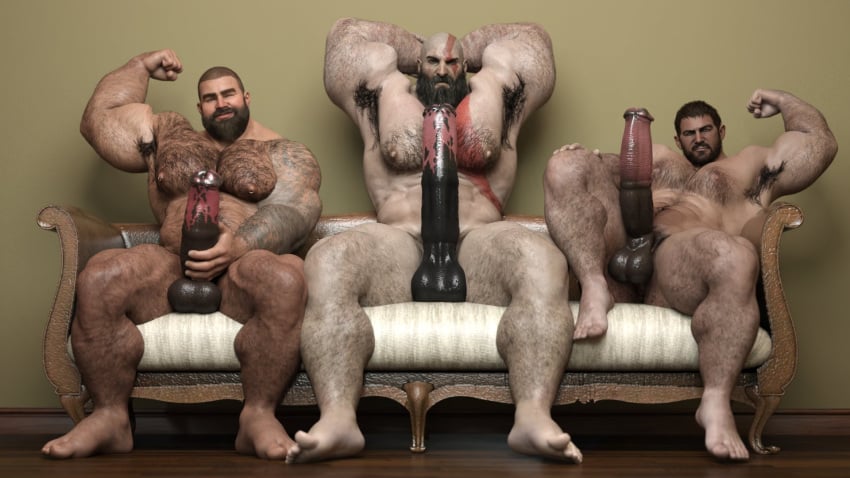 3d armpit armpit_hair armpits balls bara big_balls big_penis body_hair boner chris_redfield erection flexing god_of_war hands_behind_head horsecock human_with_animal_genitalia human_with_horsecock kratos male male_only muscles muscular nsfwmaker nude penis resident_evil