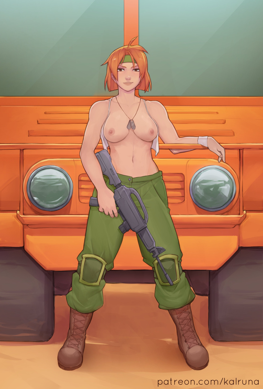 >:) 1girls advance_wars arm_support bare_arms bare_midriff bare_shoulders boots breasts breasts_out brown_eyes collarbone female female_only full_body gun headband kalruna looking_at_viewer medium_breasts midriff necklace nintendo nipples open_clothes orange_hair pants sami_(advance_wars) short_hair shoulders smile smug soldier solo tank_top truck vehicle