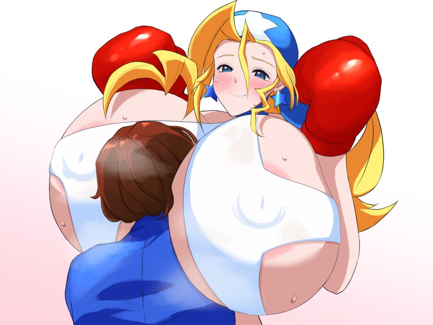 1boy areola_slip bandana between_breasts blonde_hair blue_eyes blush boxing_gloves breast_press breast_smother breast_smothering breasts brown_hair capcom clothing covered_erect_nipples earrings embarrassed erect_nipples erect_nipples_under_clothes face_to_breasts female female gigantic_breasts head_between_breasts headwear huge_breasts jewelry justice_gakuen large_areolae large_breasts long_hair male mature_female milkcarton_man nipples red_boxing_gloves rival_schools smile star_(symbol) star_earrings steaming_body straight sweat tiffany_lords top_heavy underboob white_background