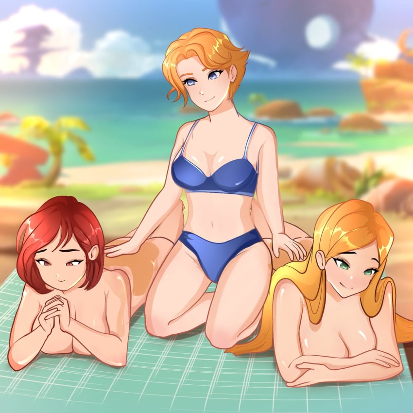 2024 3girls anoneysnufftan applying_sunscreen ass beach beach_background beach_towel bikini blonde_hair blue_bikini blue_bra blue_eyes blue_panties blurry_background castlevania castlevania_(netflix) clothed_female_nude_female cornelia_hale crossover female female_only green_eyes hannah__321 imminent_death killer_lotion kneeling kneeling_female large_breasts light-skinned_female light_skin long_hair lotion lying_on_stomach massage netflix nude peril punishment red_eyes red_hair rubbing short_hair snuff summer sunbathing sunscreen swimsuit sypha_belnades towel trio w.i.t.c.h. will_vandom