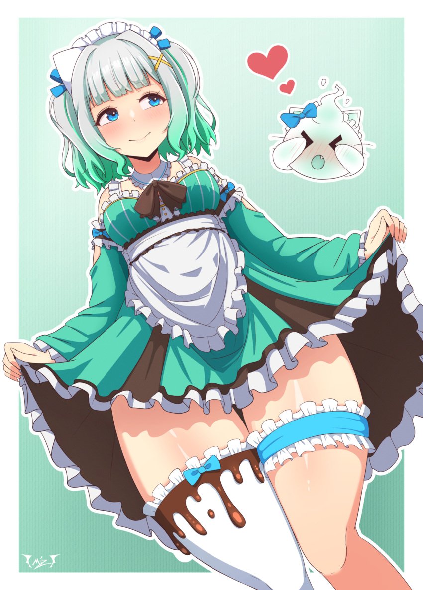 1girls apron asymmetrical_legwear averting_eyes bare_shoulders blue_eyes blush bow breasts chocolate clothes_lift detached_sleeves dress embarrassed frilled_dress frills ghost ghost_girl green_hair hair_tie heart highres indie_virtual_youtuber looking_to_the_side maid medium_breasts medium_hair mint_fantome mizmillificent multicolored_hair paid_reward_available signature simple_background skirt skirt_lift smile solo thick_thighs thighhighs thighs triangular_headpiece virtual_youtuber white_hair