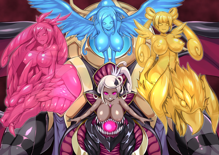 4girls bird blonde_hair blue_eyes blue_hair blue_skin blue_wings breasts colored_sclera colored_skin corruption cure_ace cure_diamond cure_rosetta cure_sword dark_persona dokidoki!_precure dragon hair_ribbon ikameshi_(nega96396) kouyoku_senki_exs-tia large_breasts long_hair looking_at_viewer monsterification multiple_girls navel nipples nude open_mouth pink_eyes pink_hair pink_sclera pink_skin ponytail precure ribbon sharp_teeth stomach_mouth teeth twintails wings yellow_eyes yellow_skin yellow_wings