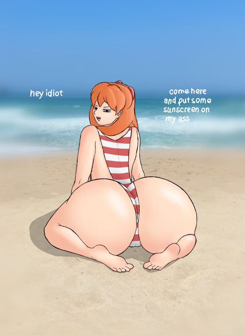 1girls ass ass_focus asuka_langley_sohryu beach before_anal before_sex big_ass big_butt blue_eyes dominant dominant_female english_text female female_focus female_only ginger ginger_hair huge_ass humiliated humiliation neon_genesis_evangelion neopn_genesis_evangelion one_piece_swimsuit positives_(artist) pussy sitting swimsuit text white_skin