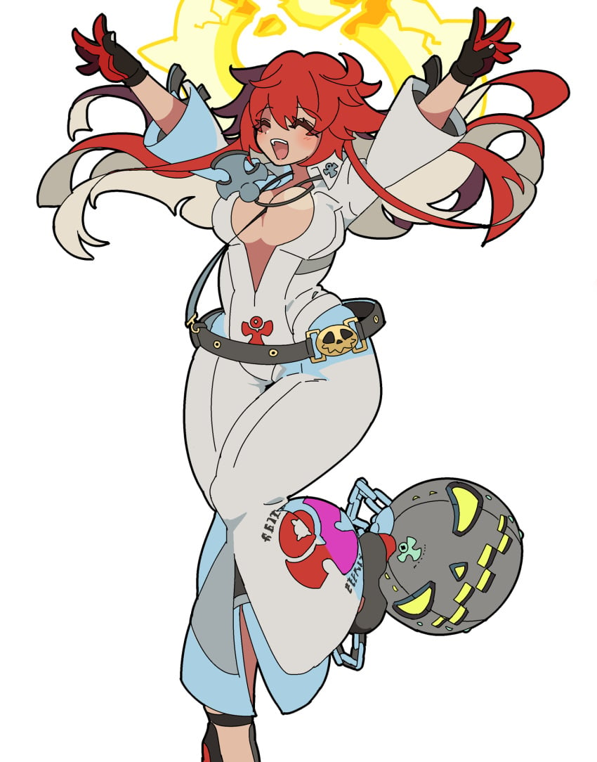 cleavage closed_eyes guilty_gear halo jack-o'_valentine kekeken_(9vsqgrq7v2wnvby) large_breasts multicolored_hair red_hair smile thick_thighs white_hair