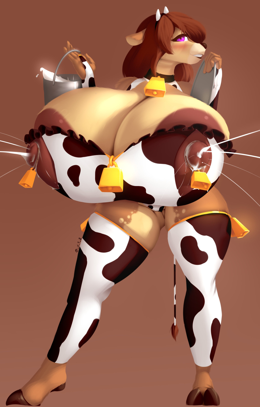 absurd_res animal_print anthro areola big_areola big_breasts bodily_fluids breasts brown_areola brown_background brown_hair bucket cleavage_cutout container cowbell cutout deer dibujosv12 female hair hi_res hooves huge_areola huge_breasts lactating looking_at_viewer mammal nipple_piercing nipples piercing purple_eyes simple_background smile solo thick_thighs