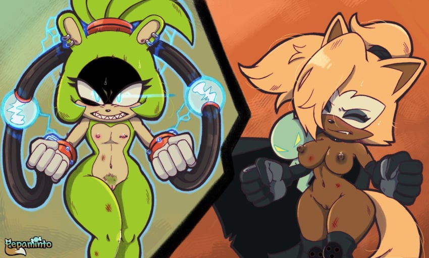 2girls anthro blonde_hair blush boots bracelet brown_body brown_fur brown_hair brown_nipples canine cloak cloak_only closed_eyes clothing completely_nude completely_nude_female ear_piercing electricity female female_pubic_hair fighting fighting_pose fighting_stance fur gloves green_fur hair handjob_gesture hips idw_comics idw_publishing looking_at_viewer mammal mobian_(species) mostly_nude multicolored_body multicolored_fur navel nipples pepamintop piercing piercings ponytail pussy sega sonic_(series) sonic_the_hedgehog_(comics) sonic_the_hedgehog_(idw) sonic_the_hedgehog_(series) standing stomach surge_the_tenrec sweat thick_thighs thighs tied_hair tummy two_tone_body two_tone_fur whisper_the_wolf wolf wolf_ears