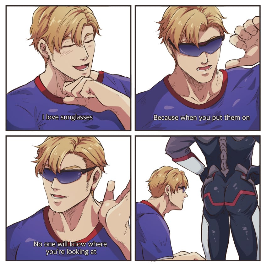 2boys ao_isami ass back bara black_bodysuit black_hair black_hair_bottom blonde_hair blonde_hair_on_black_hair blonde_hair_top blush bodysuit closed_eyes domination english_text gay hal_(harenchiou) highres humor i_really_like_wearing_sunglasses_(meme) lewis_smith light_hair_on_dark_hair male male_only meme multiple_boys muscular muscular_male no_visible_genitalia open_mouth purple_shirt shirt short_hair smile sunglasses yaoi yuuki_bakuhatsu_bang_bravern