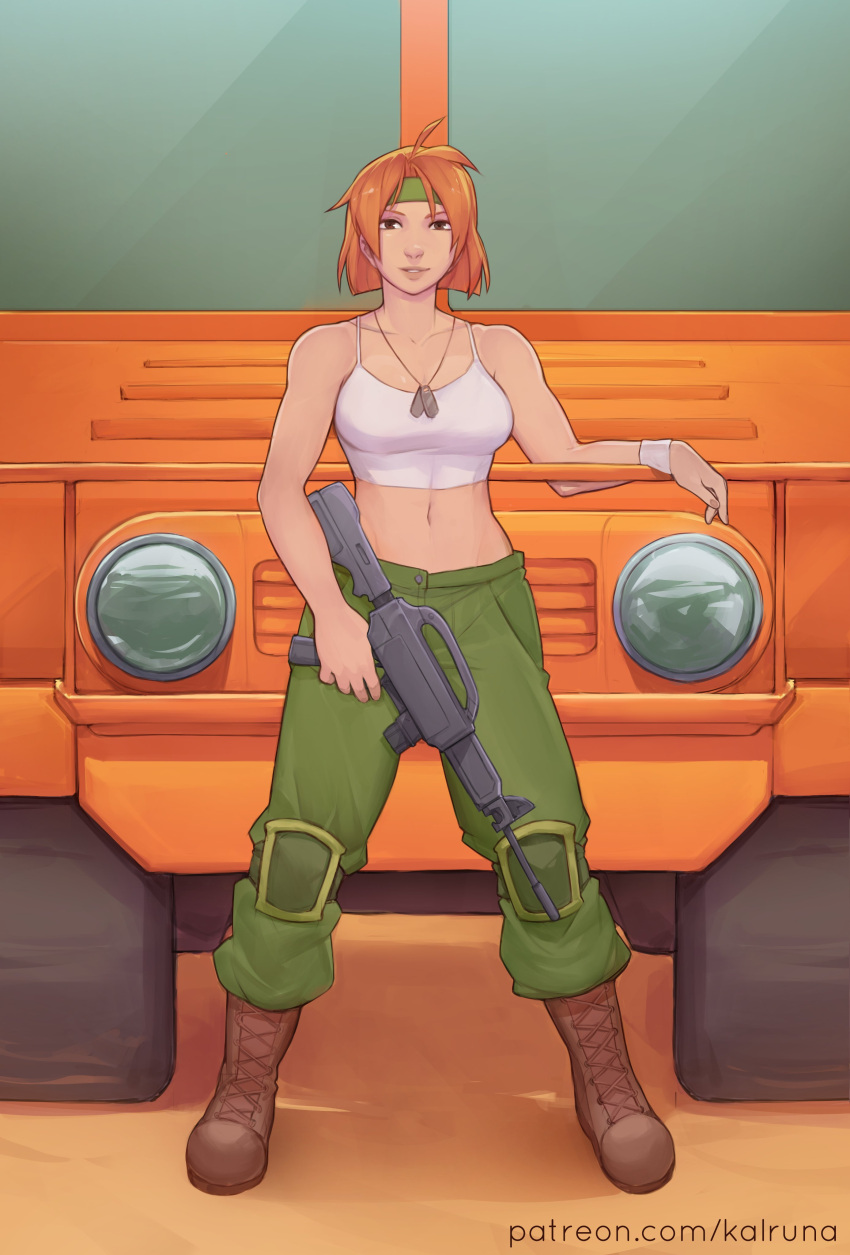 >:) 1girls advance_wars arm_support bare_arms bare_midriff bare_shoulders boots breasts brown_eyes cleavage collarbone female female_only full_body gun headband kalruna looking_at_viewer medium_breasts midriff navel necklace nintendo orange_hair pants sami_(advance_wars) short_hair shoulders smile smug soldier solo tank_top truck vehicle