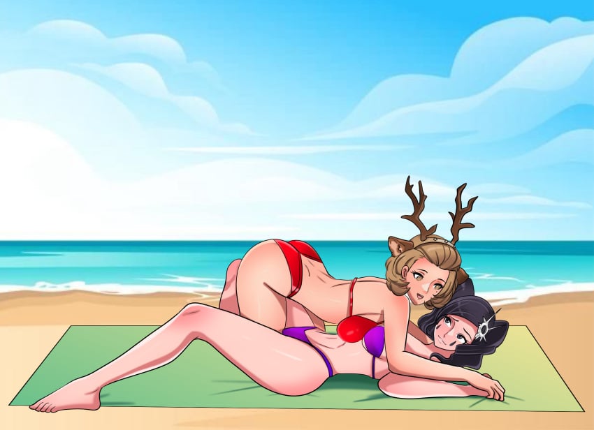 2girls alternate_costume animal_ears anoneysnufftan antlers applying_sunscreen beach beach_towel bikini black_hair bleach brown_eyes brown_hair cirucci_thunderwitch crossover embarrassed female female_only fire_emblem fire_emblem:_three_houses hair_ornament humiliation imminent_death killer_lotion manuela_casagranda manuela_casagranda_(winter) massage multiple_girls murder nintendo ocean on_back on_top outdoors peril punishment red_bikini red_swimsuit rubbing sand short_hair sky snuff summer sunbathing swimsuit towel