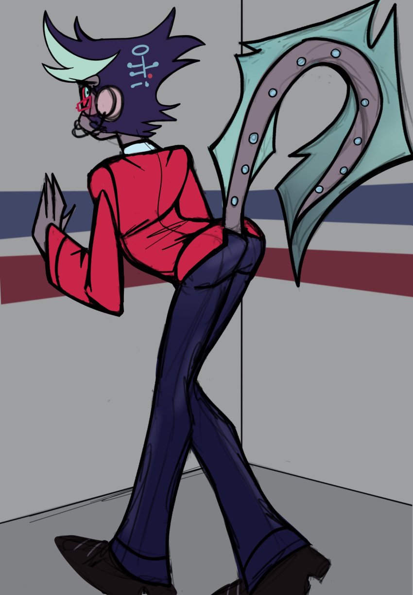 1boy against_surface against_wall anthro ass ass_up assistant back bent_forward bent_over blue_eyes blush blush clothed clothing demon eel employee employee_uniform femboy gay hair hazbin_hotel male simple_background simple_coloring solo suggestive teasing teasing_viewer twink vox's_assistant_(hazbin_hotel)