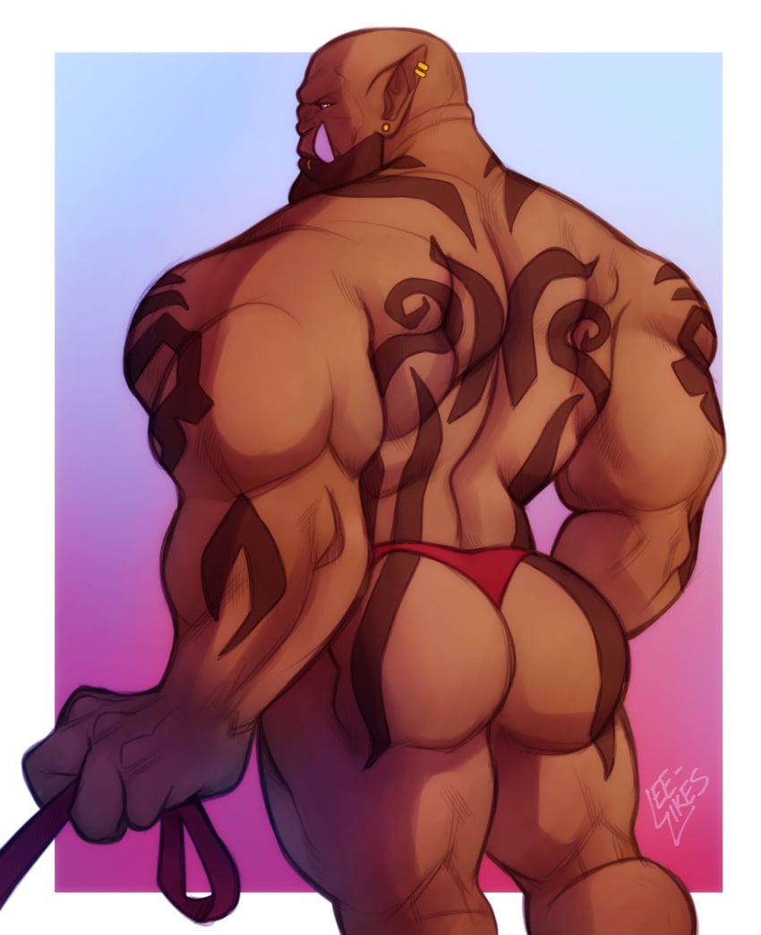 ass back_muscles blizzard_entertainment dark-skinned_male dark_skin fangs garrosh_hellscream hi_res humanoid humanoid_pointy_ears leash leelikessmut male male_only muscular muscular_humanoid muscular_male orc orc_male rear_view solo solo_male tattoo teeth warcraft