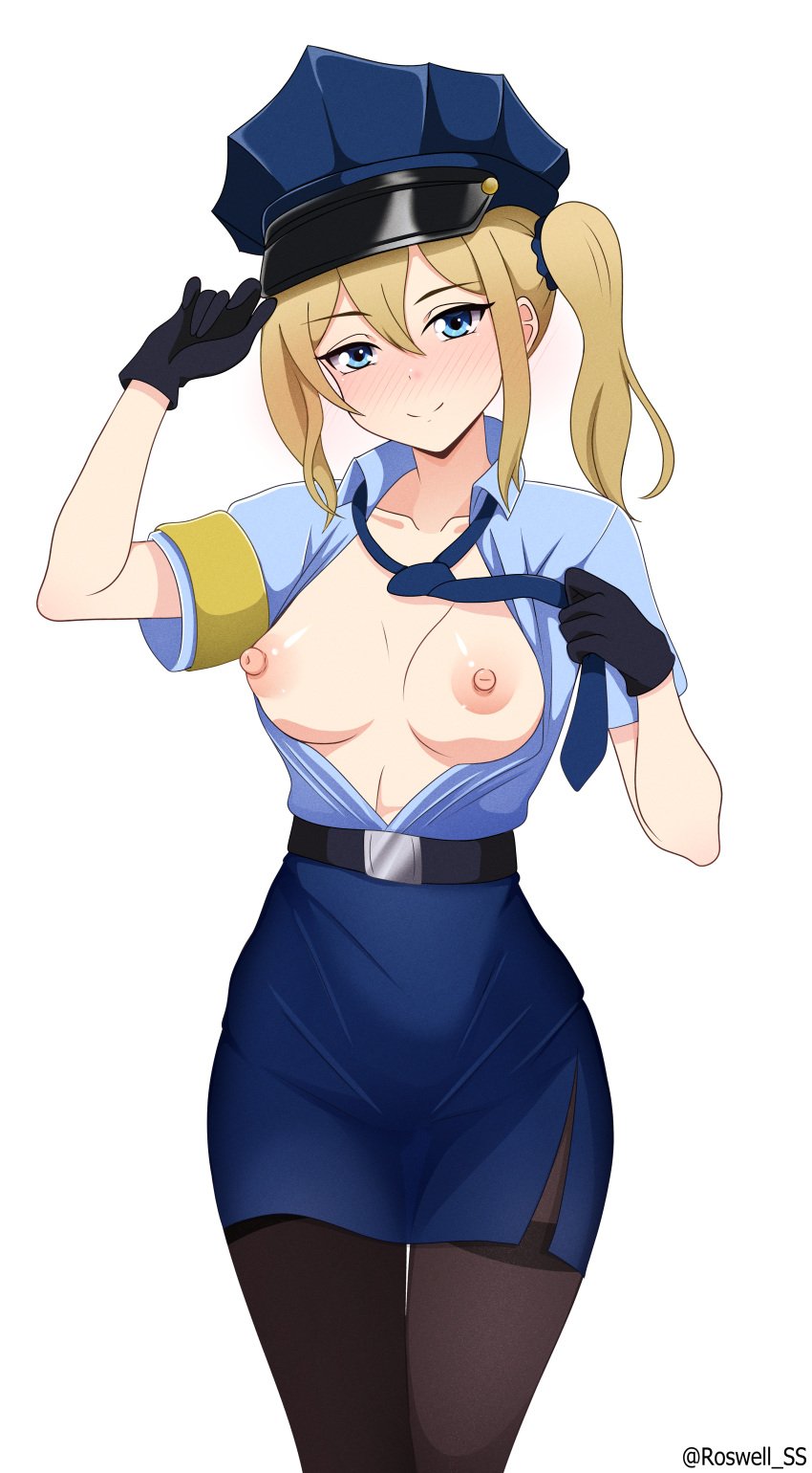 1girls absurd_res artist_name belt blonde_hair blue_eyes blush breasts breasts_out cowboy_shot gloves hair_between_eyes hayasaka_ai hi_res kaguya-sama_wa_kokurasetai_~tensai-tachi_no_renai_zunousen~ looking_at_viewer medium_hair necktie nipples no_bra open_shirt paid_reward_available pantyhose police police_hat police_uniform policewoman roswell-ss sidelocks simple_background skirt smile solo standing twintails white_background