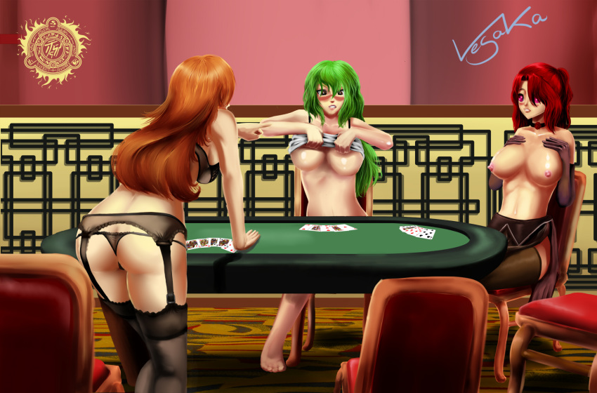 3girls arrancar ass bleach breasts card color crossover espada female female_only fuutonvesaka green_hair hair human indoors long_hair mabinogi multiple_females multiple_girls nami nelliel_tu_odelschwanck nipples one_piece orange_hair post-timeskip red_hair rua sitting strip_poker yuri